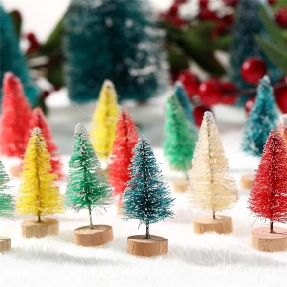 Artificial Mini Christmas Trees Bottle Brush Trees Snow Frosted Trees with Wood - Picture 6 of 8